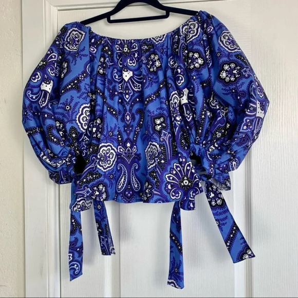 NWT Caroline Constas Nella Paisley Floral Off the Shoulder Puff Sleeve Top Blue - Picture 3 of 10